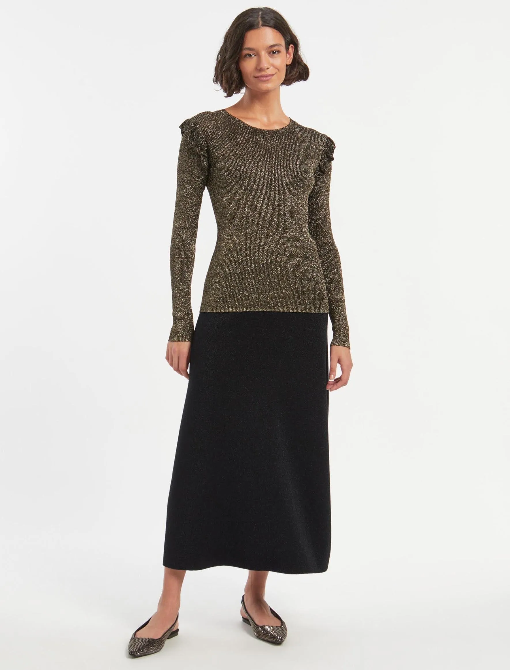 Sasha Lurex Wool A Line Knit Skirt - Black