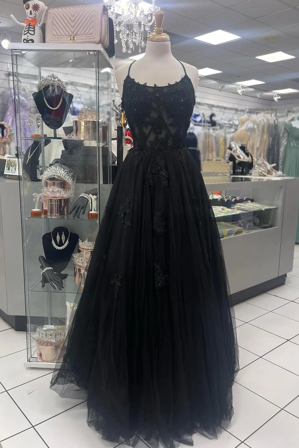 Scoop Lace Appliques Black A-line Long Formal Dress