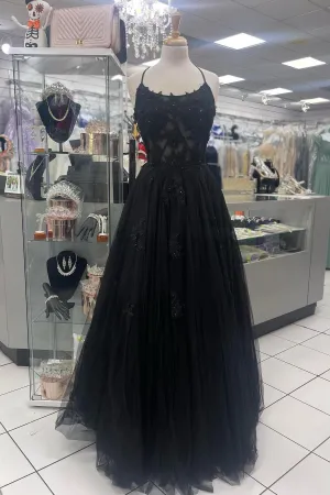 Scoop Lace Appliques Black A-line Long Formal Dress