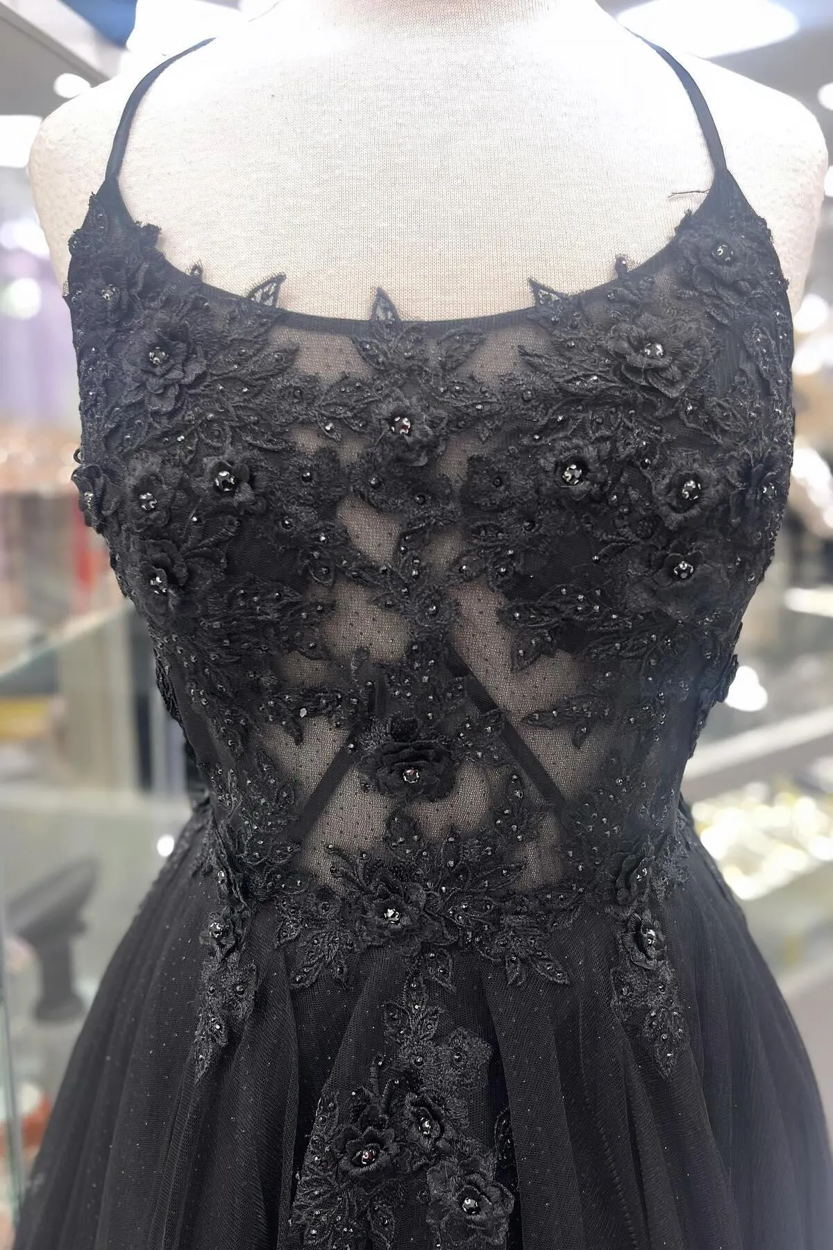 Scoop Lace Appliques Black A-line Long Formal Dress