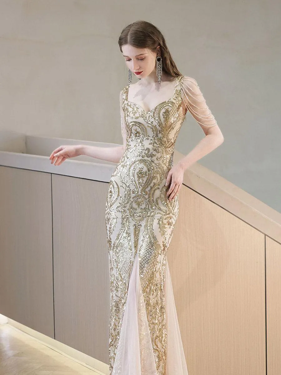 Sequin Beads Chain Square Neck Prom Dress MCW0932