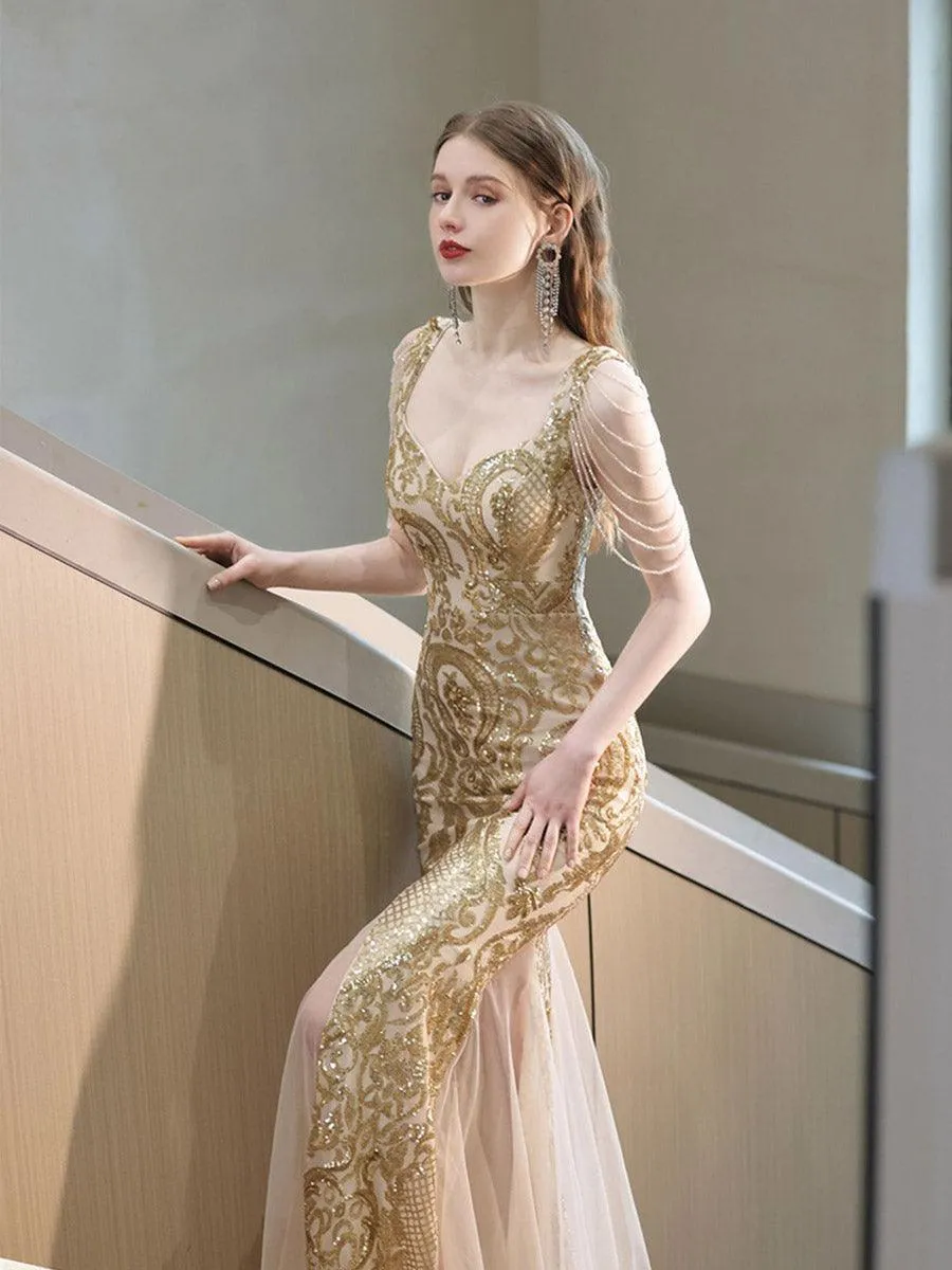 Sequin Beads Chain Square Neck Prom Dress MCW0932