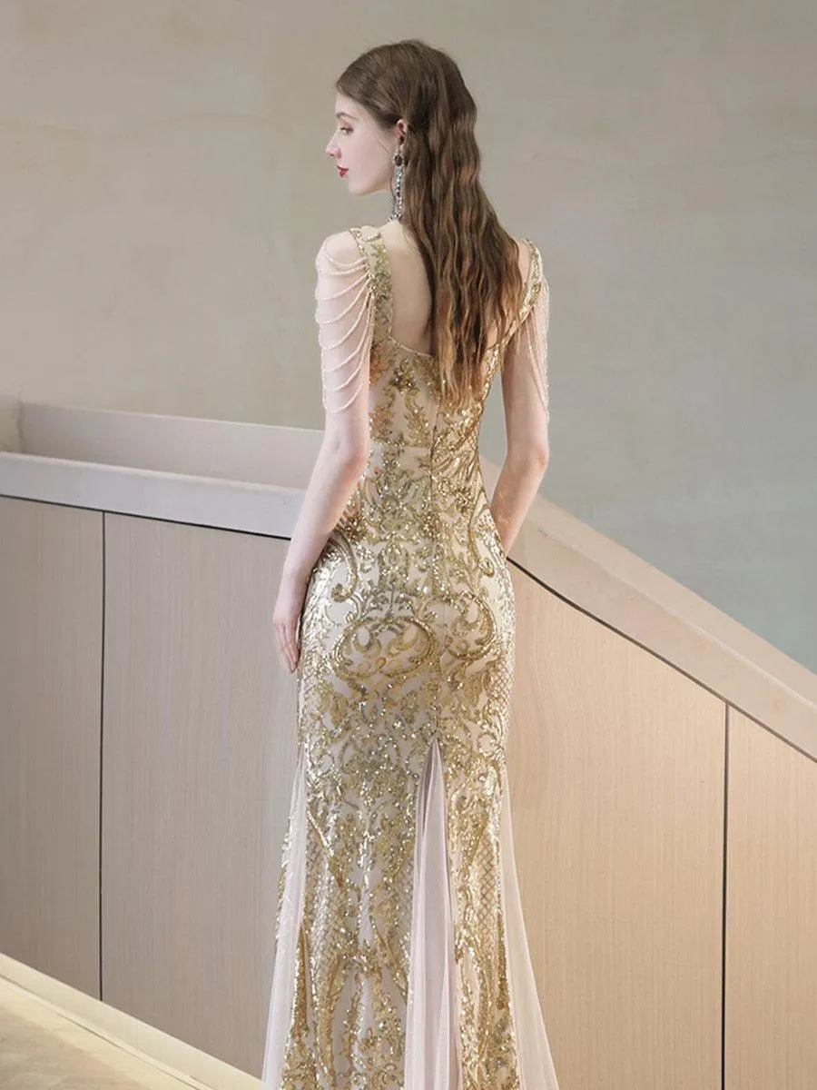 Sequin Beads Chain Square Neck Prom Dress MCW0932