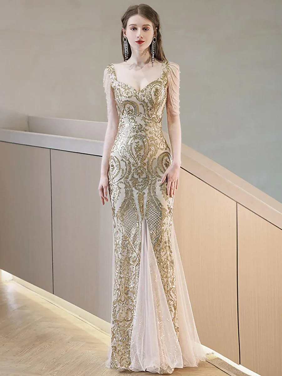 Sequin Beads Chain Square Neck Prom Dress MCW0932