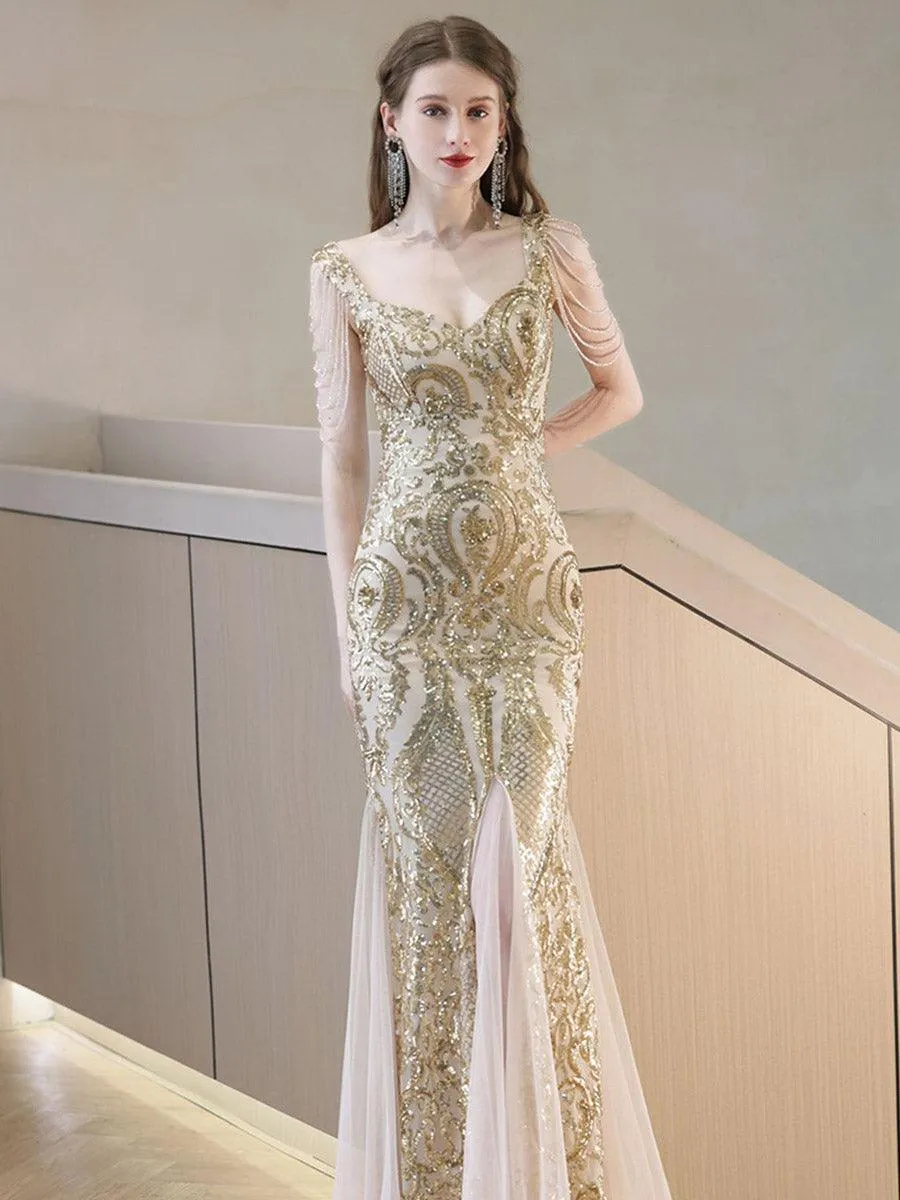 Sequin Beads Chain Square Neck Prom Dress MCW0932