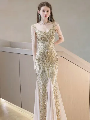 Sequin Beads Chain Square Neck Prom Dress MCW0932