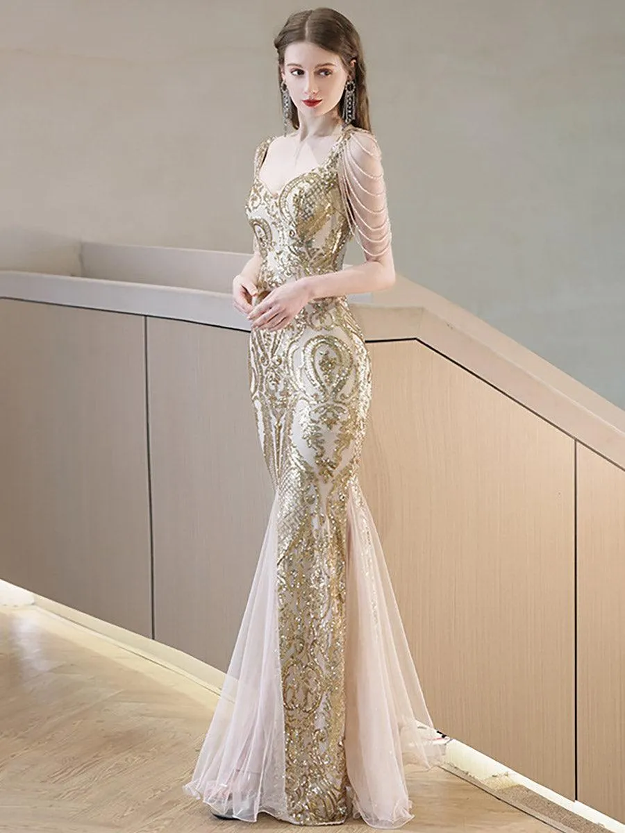 Sequin Beads Chain Square Neck Prom Dress MCW0932