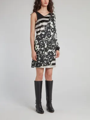 Sequin Panel Floral Asymmetric Mini Dress