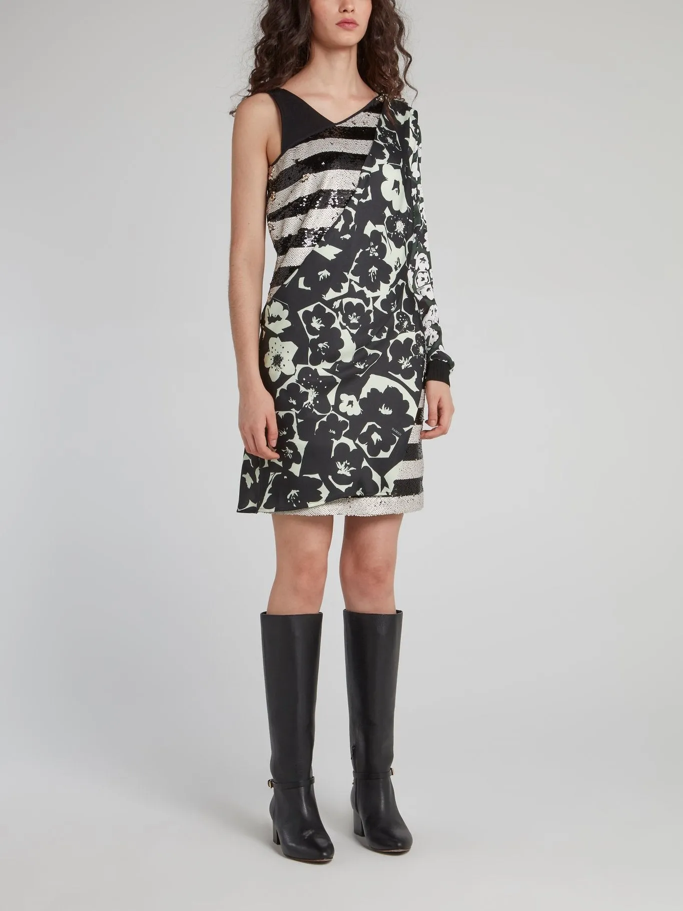 Sequin Panel Floral Asymmetric Mini Dress