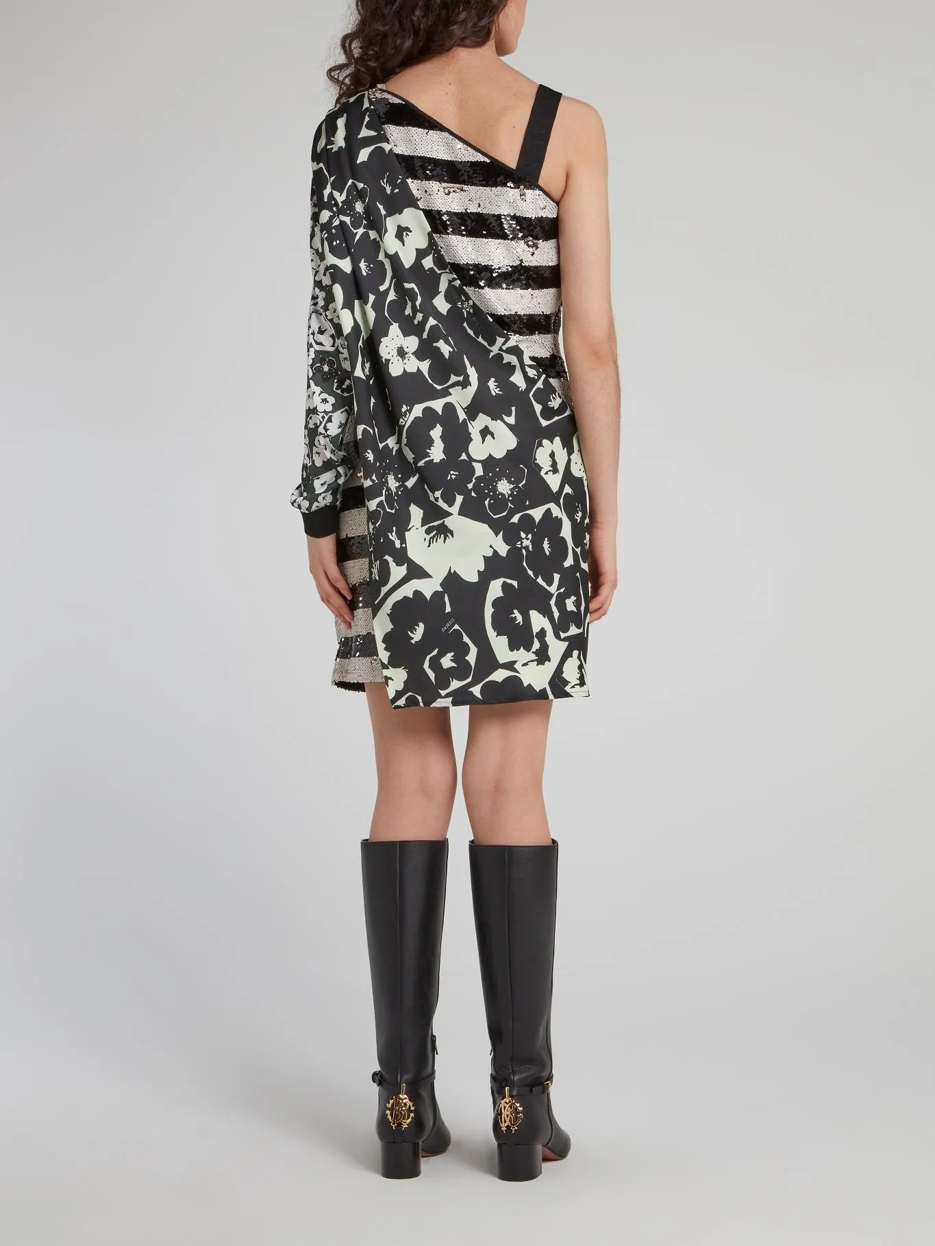 Sequin Panel Floral Asymmetric Mini Dress