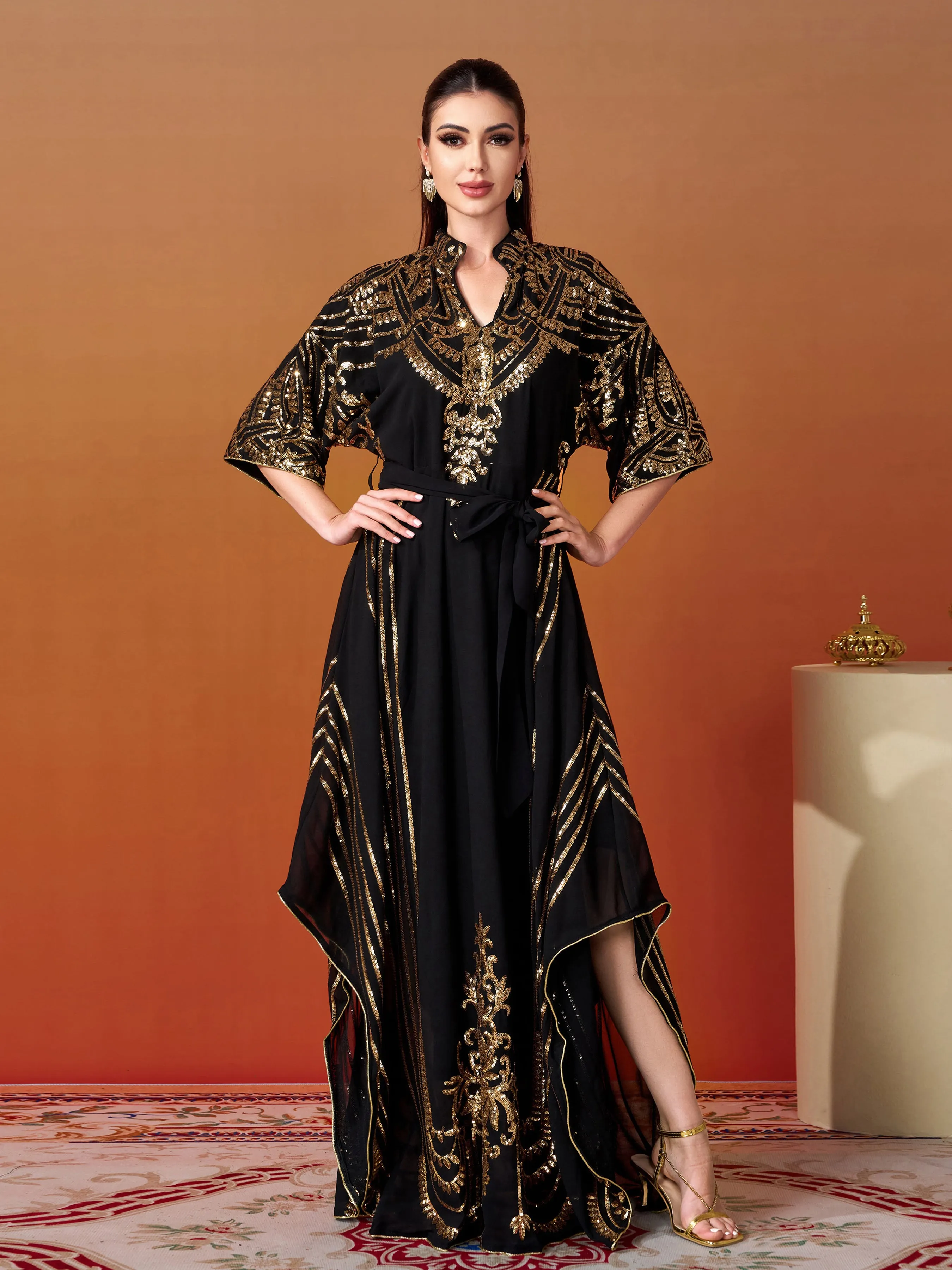 Sequin Panel Mesh Asymmetric Hem Dress MES00449