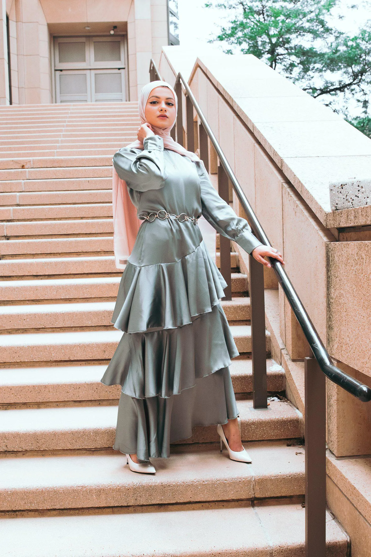Seville Layered Satin Gown - Pale Jade