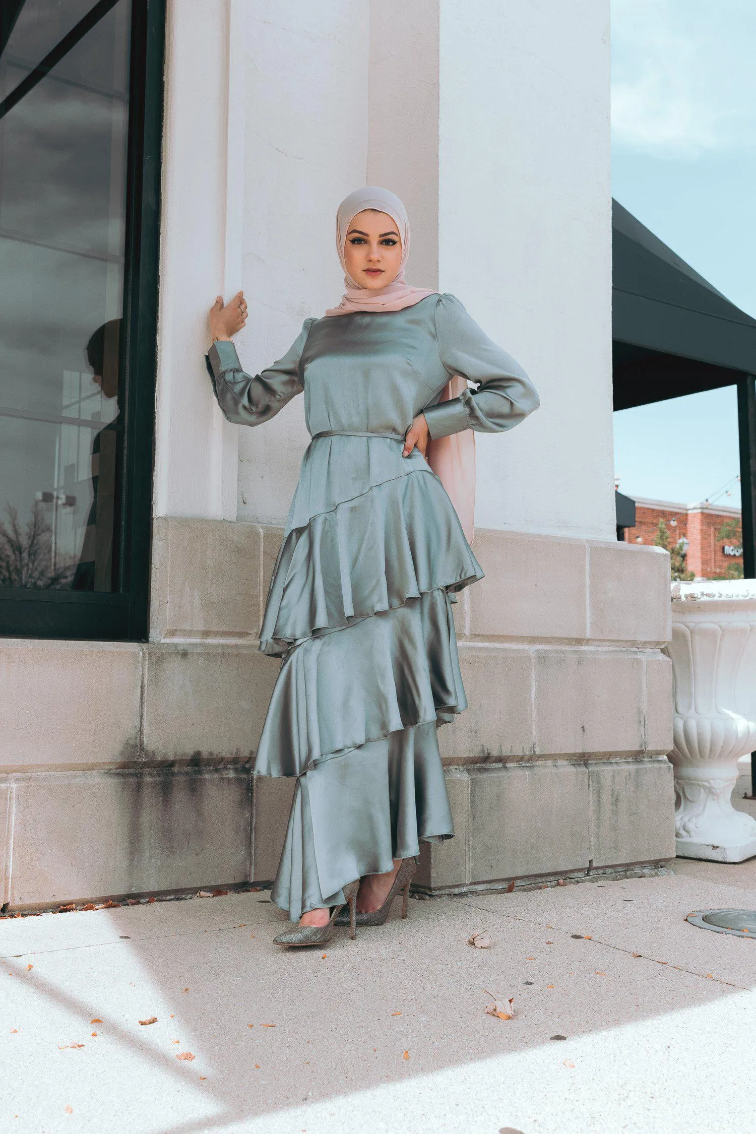 Seville Layered Satin Gown - Pale Jade