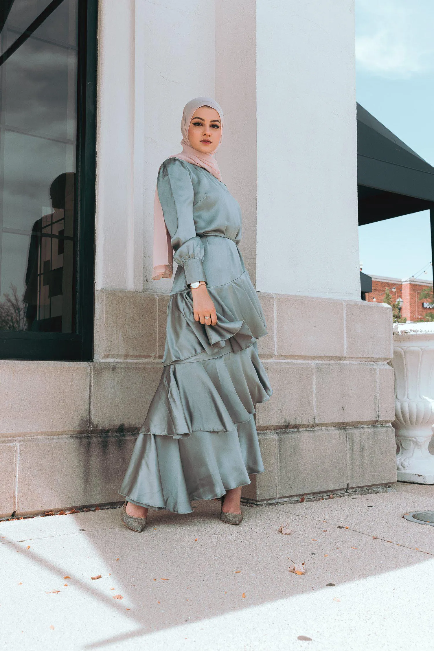 Seville Layered Satin Gown - Pale Jade
