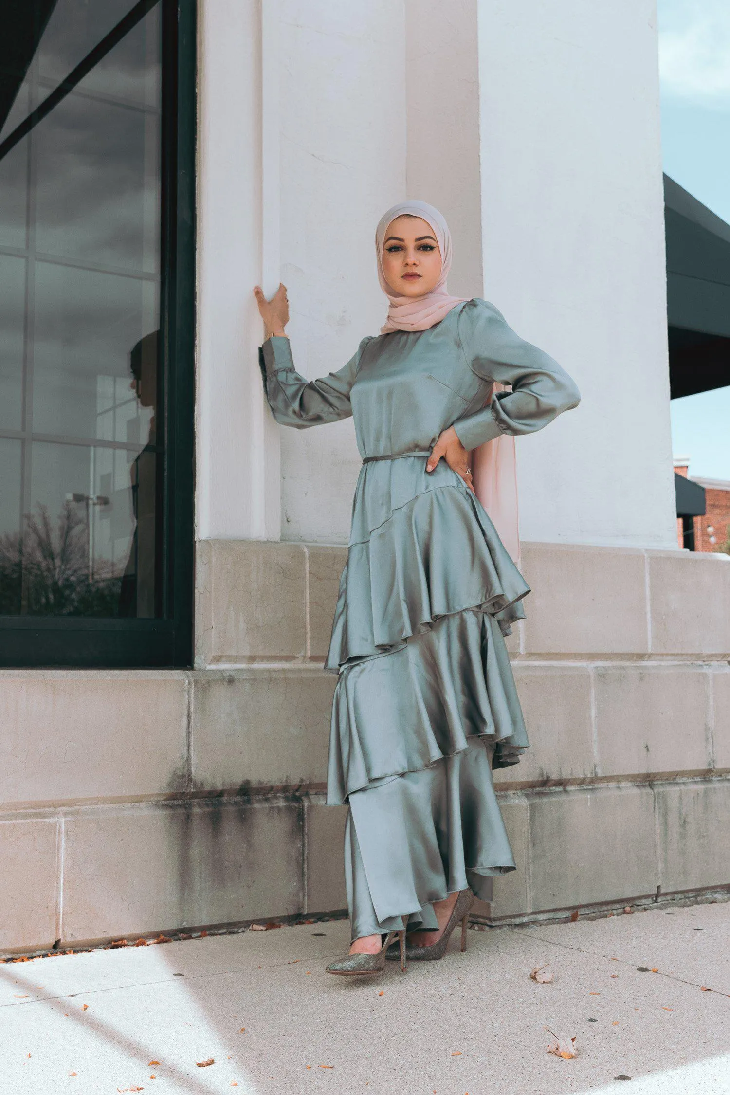 Seville Layered Satin Gown - Pale Jade
