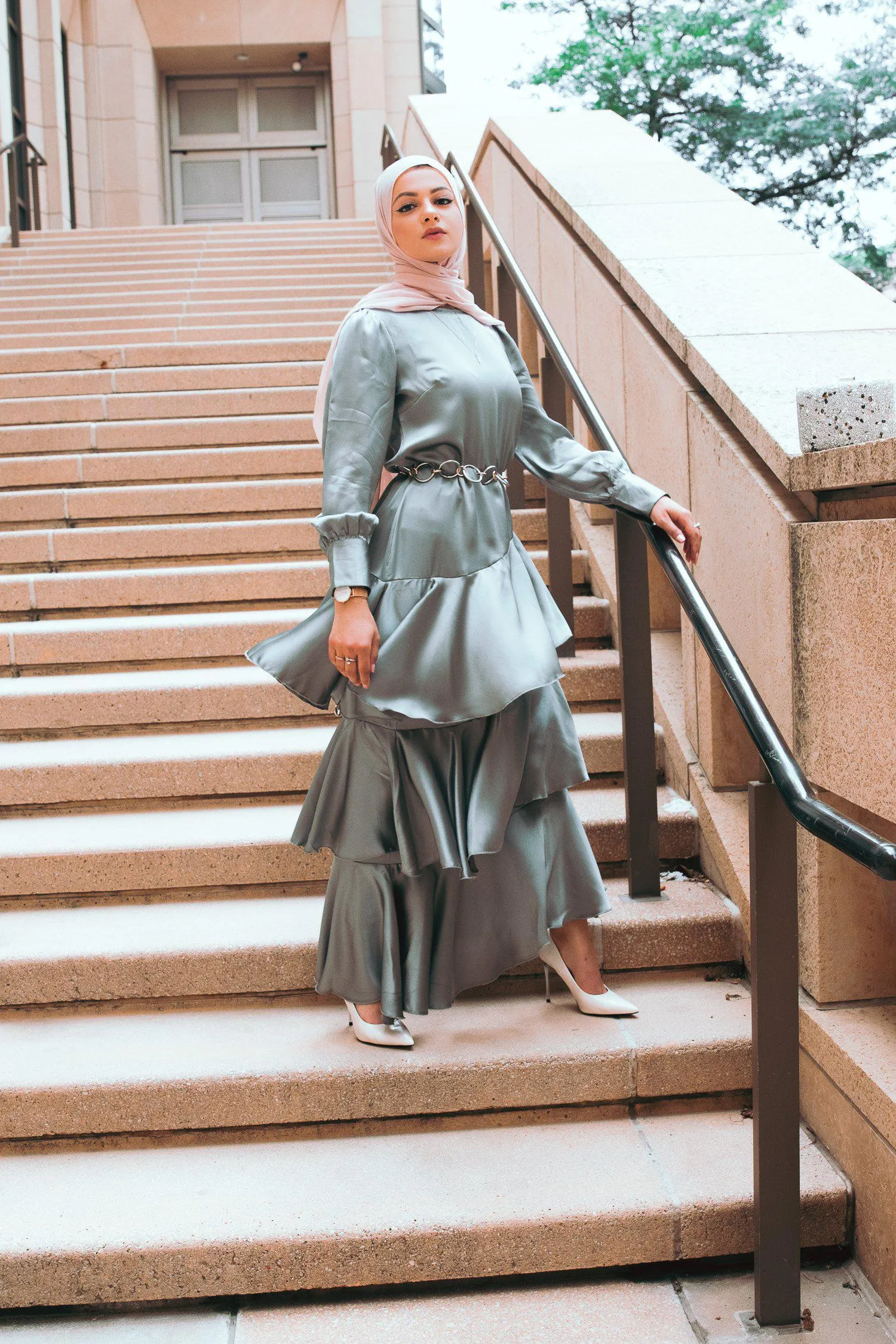 Seville Layered Satin Gown - Pale Jade