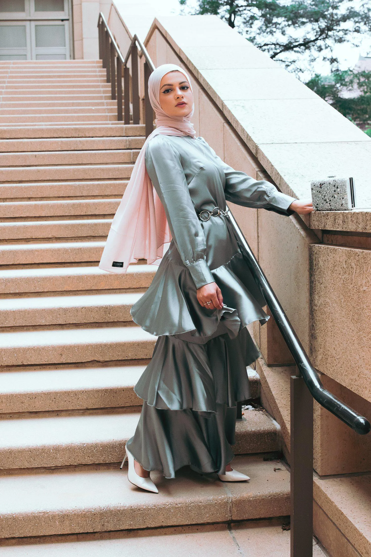 Seville Layered Satin Gown - Pale Jade