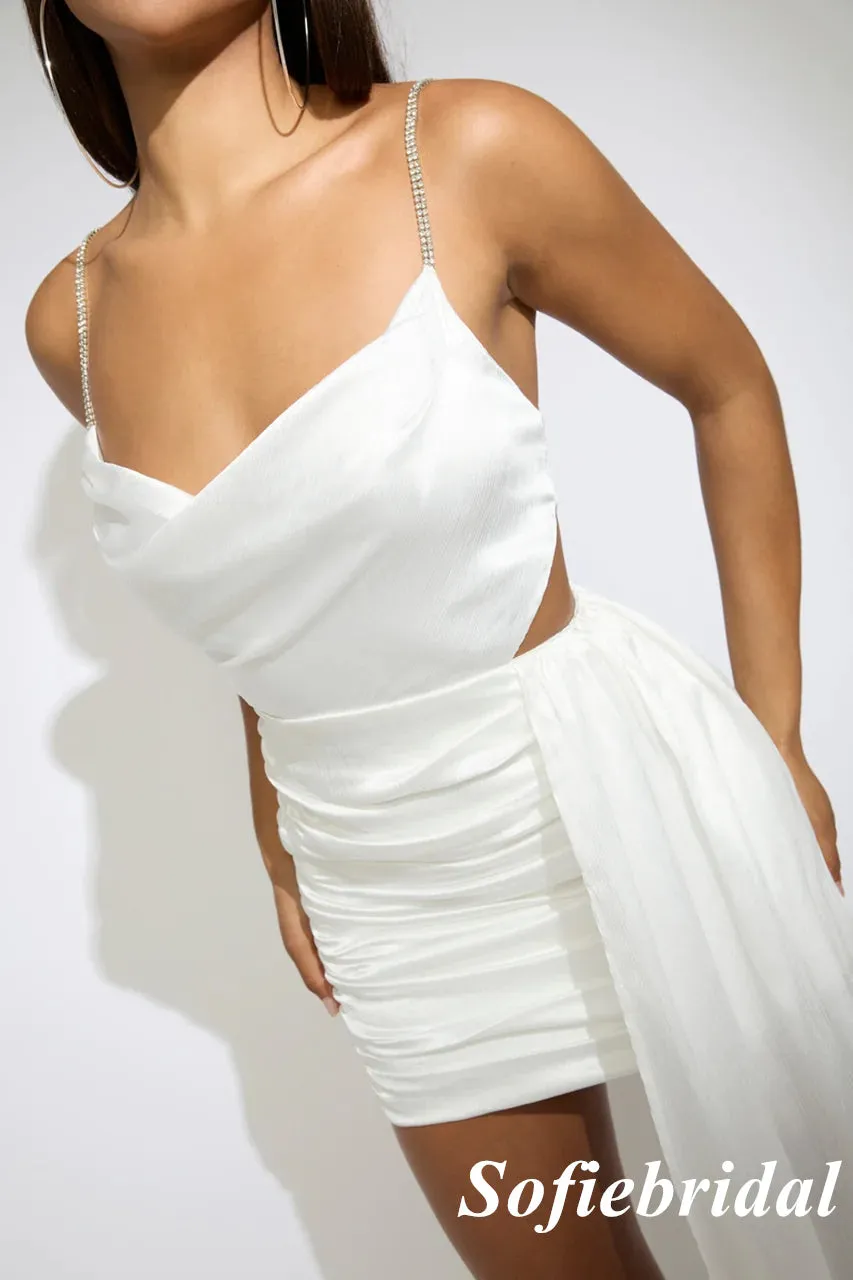 Sexy White Satin Spaghetti Straps Sleeveless Short Prom Dresses/Homecoming Dresses,HD0221