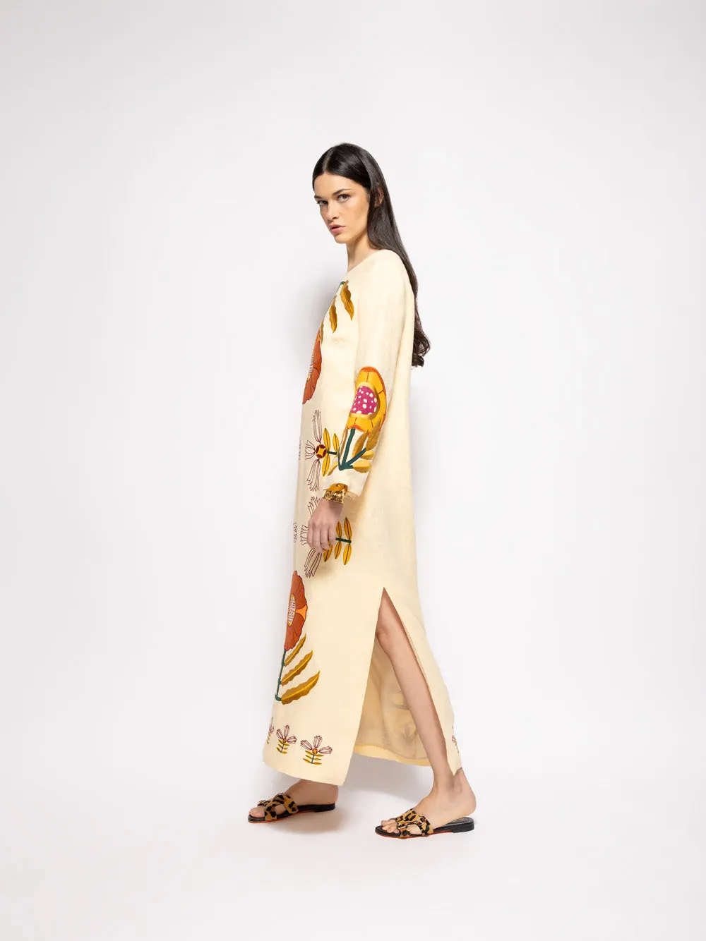Shirley Vanilla Custard Embroidered Linen A-Line Dress