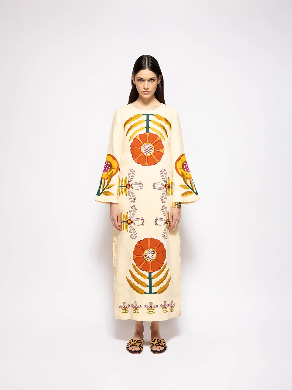 Shirley Vanilla Custard Embroidered Linen A-Line Dress