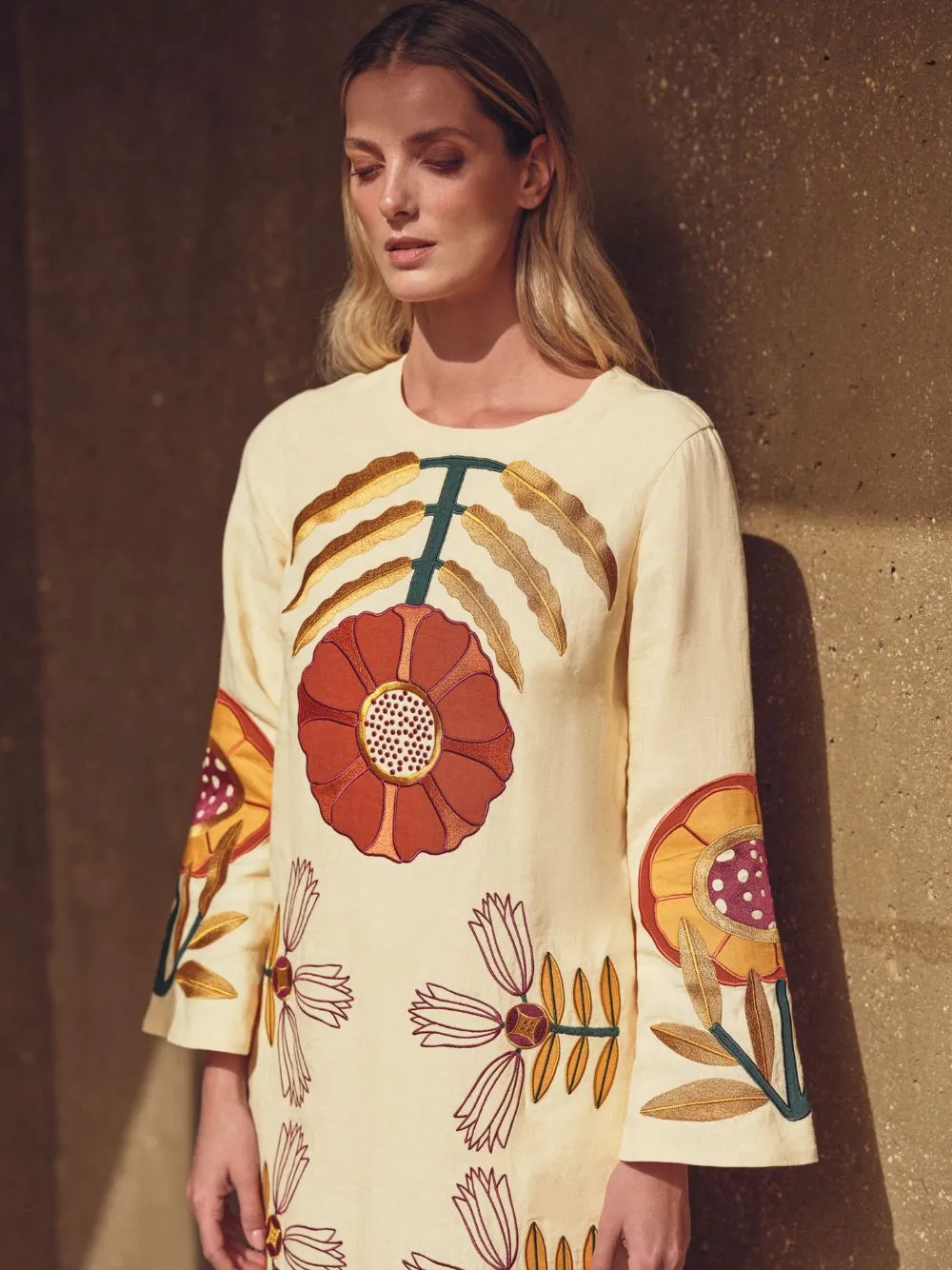 Shirley Vanilla Custard Embroidered Linen A-Line Dress