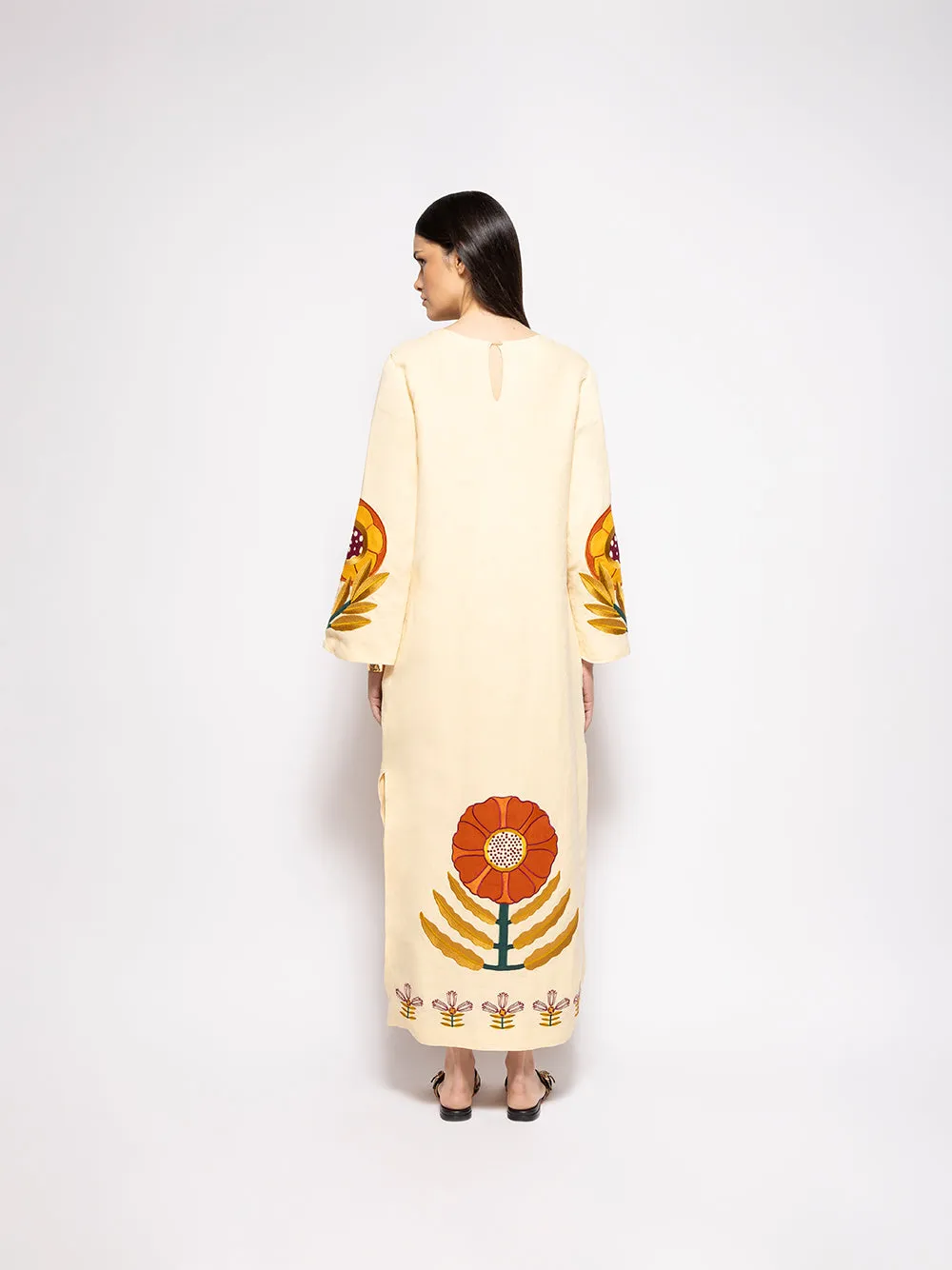 Shirley Vanilla Custard Embroidered Linen A-Line Dress