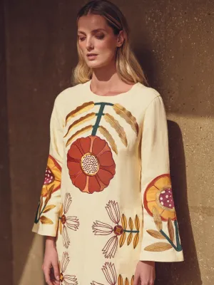 Shirley Vanilla Custard Embroidered Linen A-Line Dress