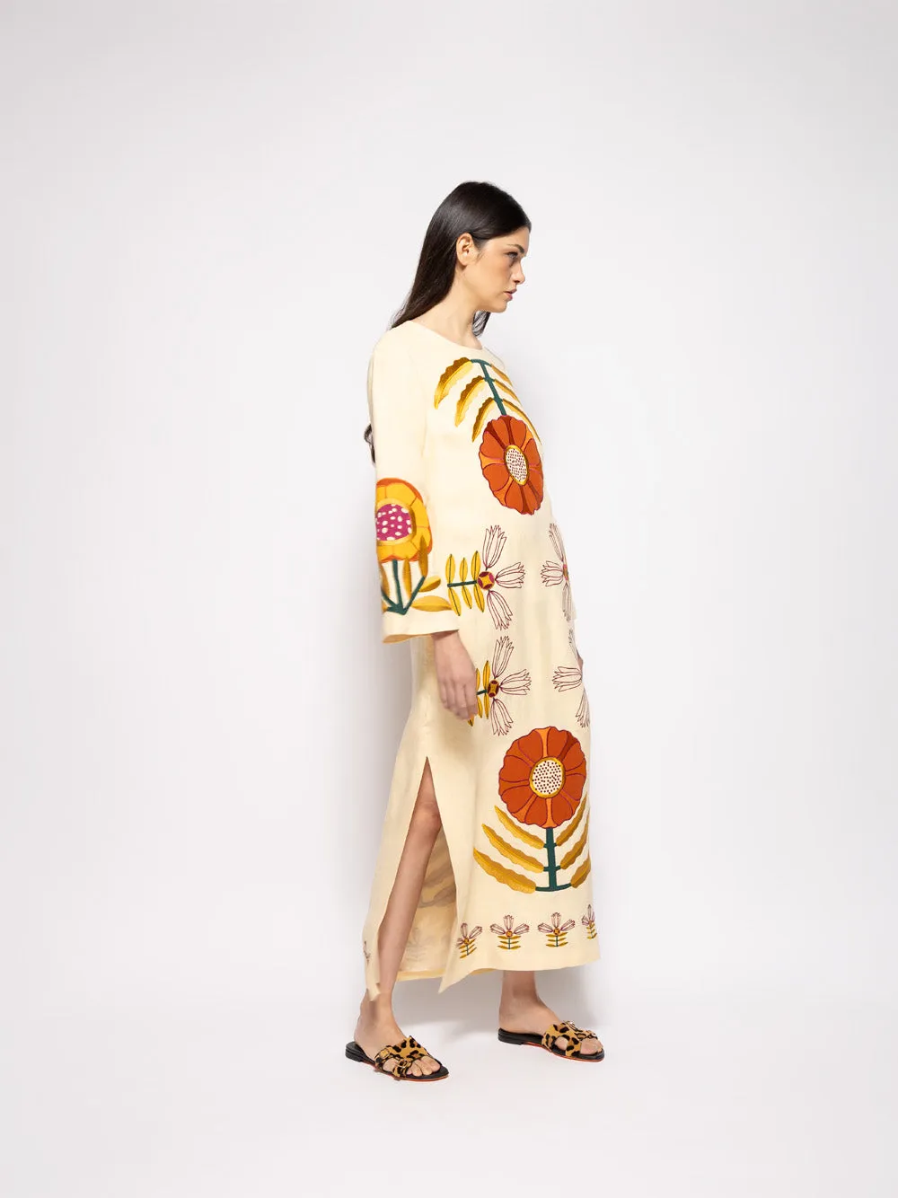 Shirley Vanilla Custard Embroidered Linen A-Line Dress