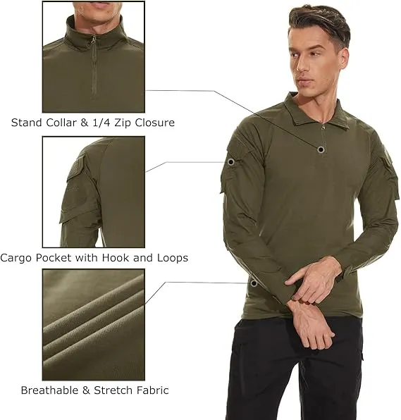 Shirt 1/4 Zip with PoMen's Tactical Shirt Long Sleeve Combatckets Military Army Paintball Airsoft Breathable