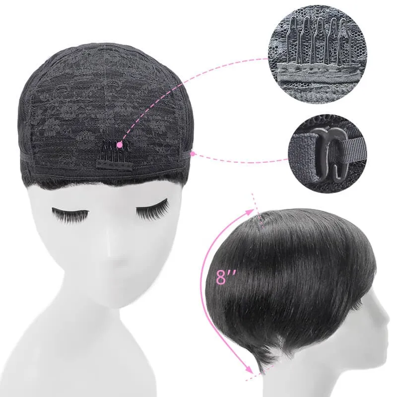 Short Pixie Cut Human Hair Wigs With Layered Side Bangs Glueless Jet Black