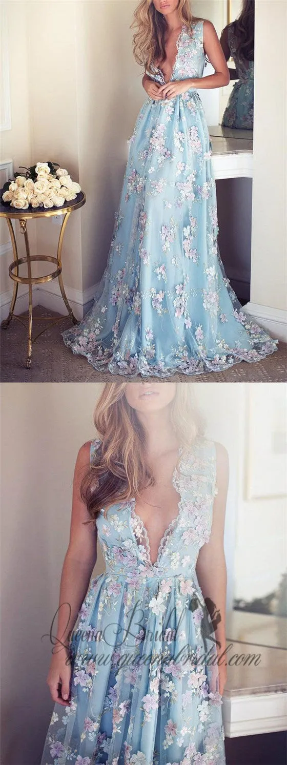 Sky Blue Floral Prom Dresses See Through Embroidery Formal Dress Evening Gowns, QB0284