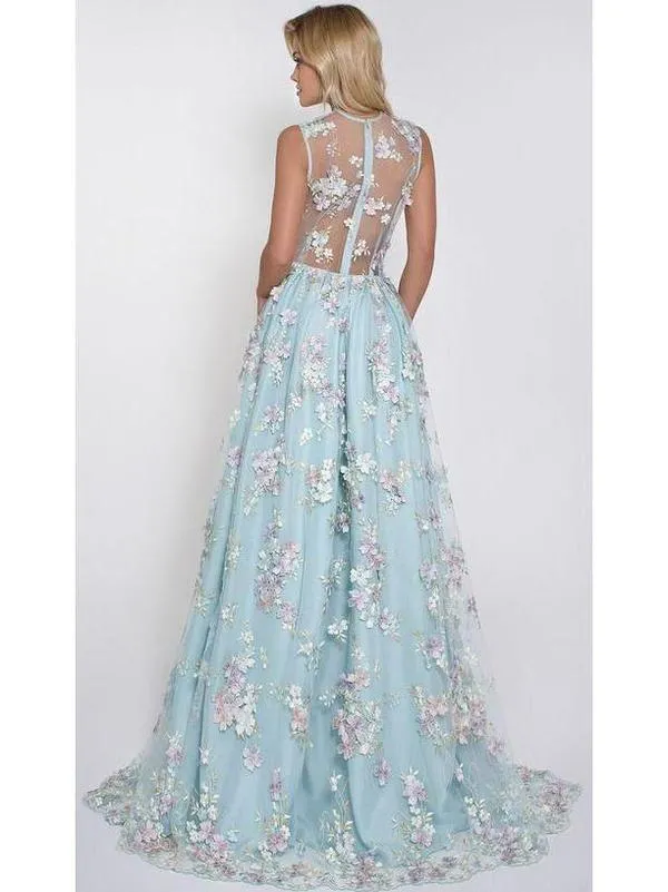Sky Blue Floral Prom Dresses See Through Embroidery Formal Dress Evening Gowns, QB0284