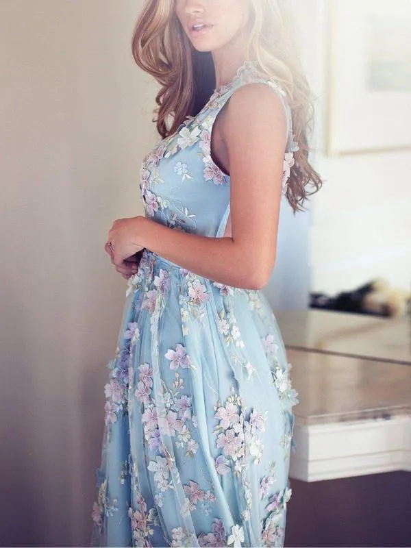 Sky Blue Floral Prom Dresses See Through Embroidery Formal Dress Evening Gowns, QB0284