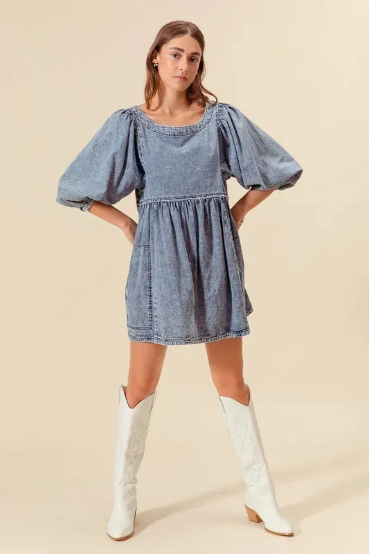 SO ME Washed and Distressed Mini Denim Dress