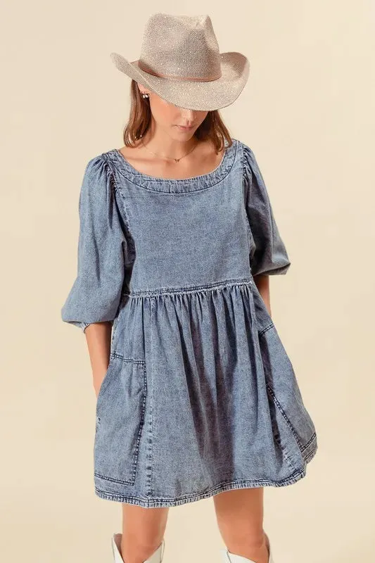 SO ME Washed and Distressed Mini Denim Dress