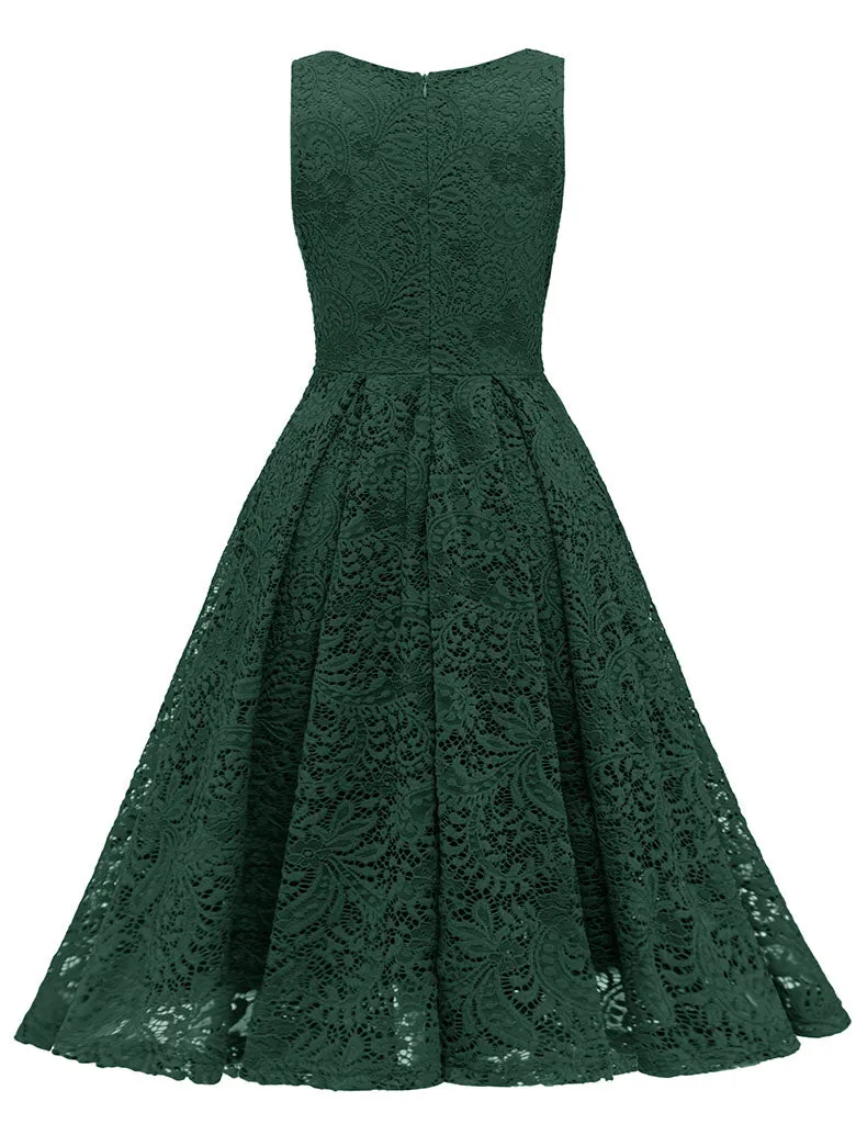 Solid Color Lace Sleeveless V Neck 50s Party Swing Dress