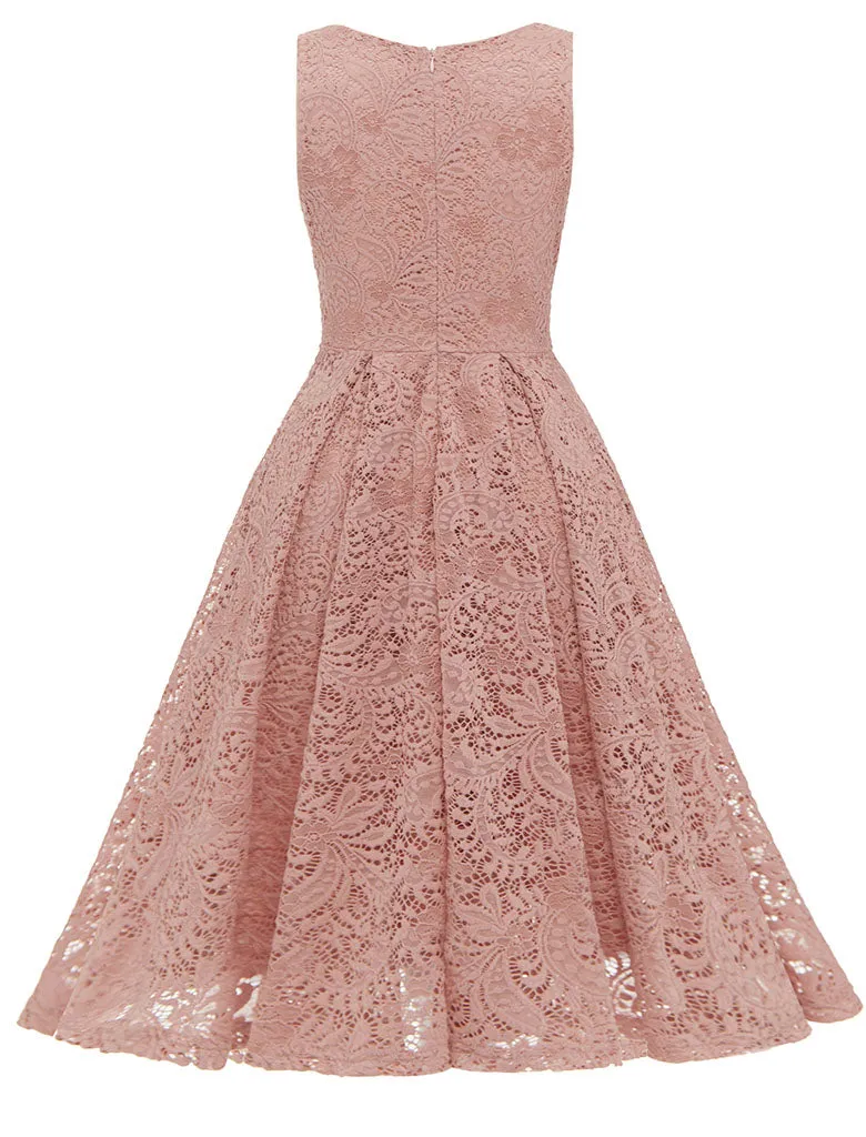 Solid Color Lace Sleeveless V Neck 50s Party Swing Dress
