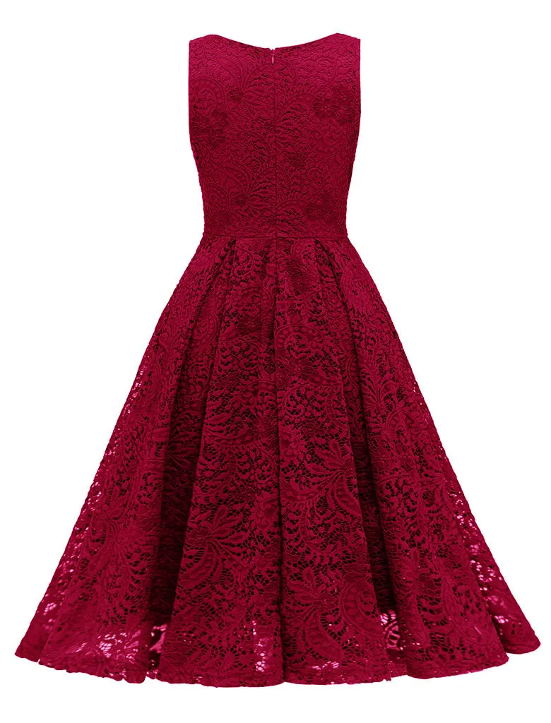 Solid Color Lace Sleeveless V Neck 50s Party Swing Dress
