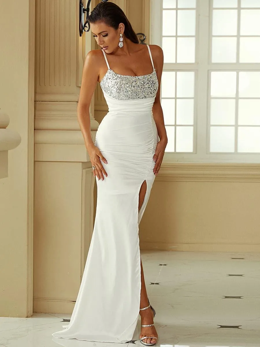 Spaghetti Ruched Split Sequin Panel Formal Dress XJ1359