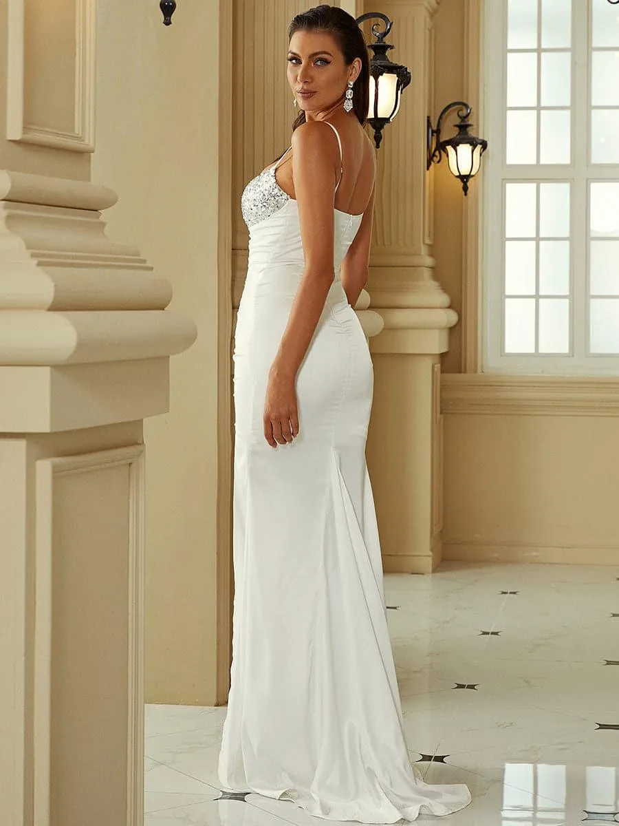 Spaghetti Ruched Split Sequin Panel Formal Dress XJ1359