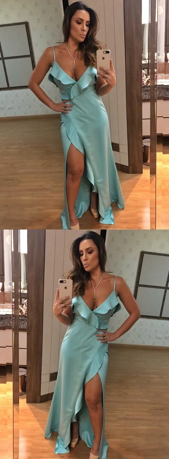 Spaghetti Straps V-neck Sexy Long Prom Dresses With Ruffles, PD0145