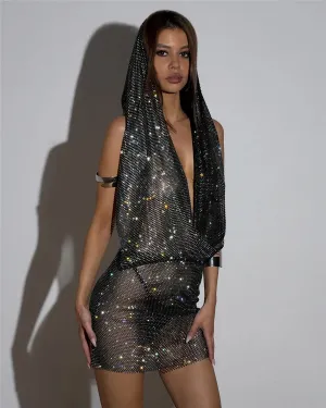 Sparkly Rhinestone Hooded Party Dress