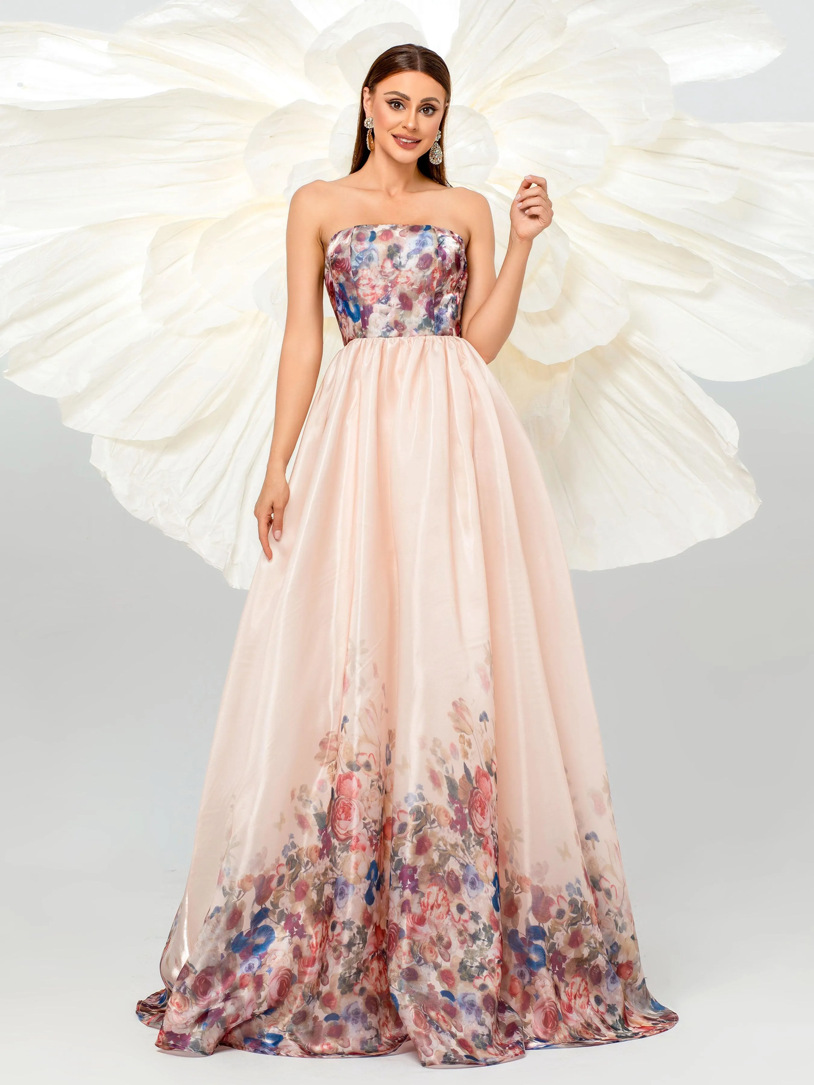 Strapless Floral Print A-line Gown Dress RJ11882
