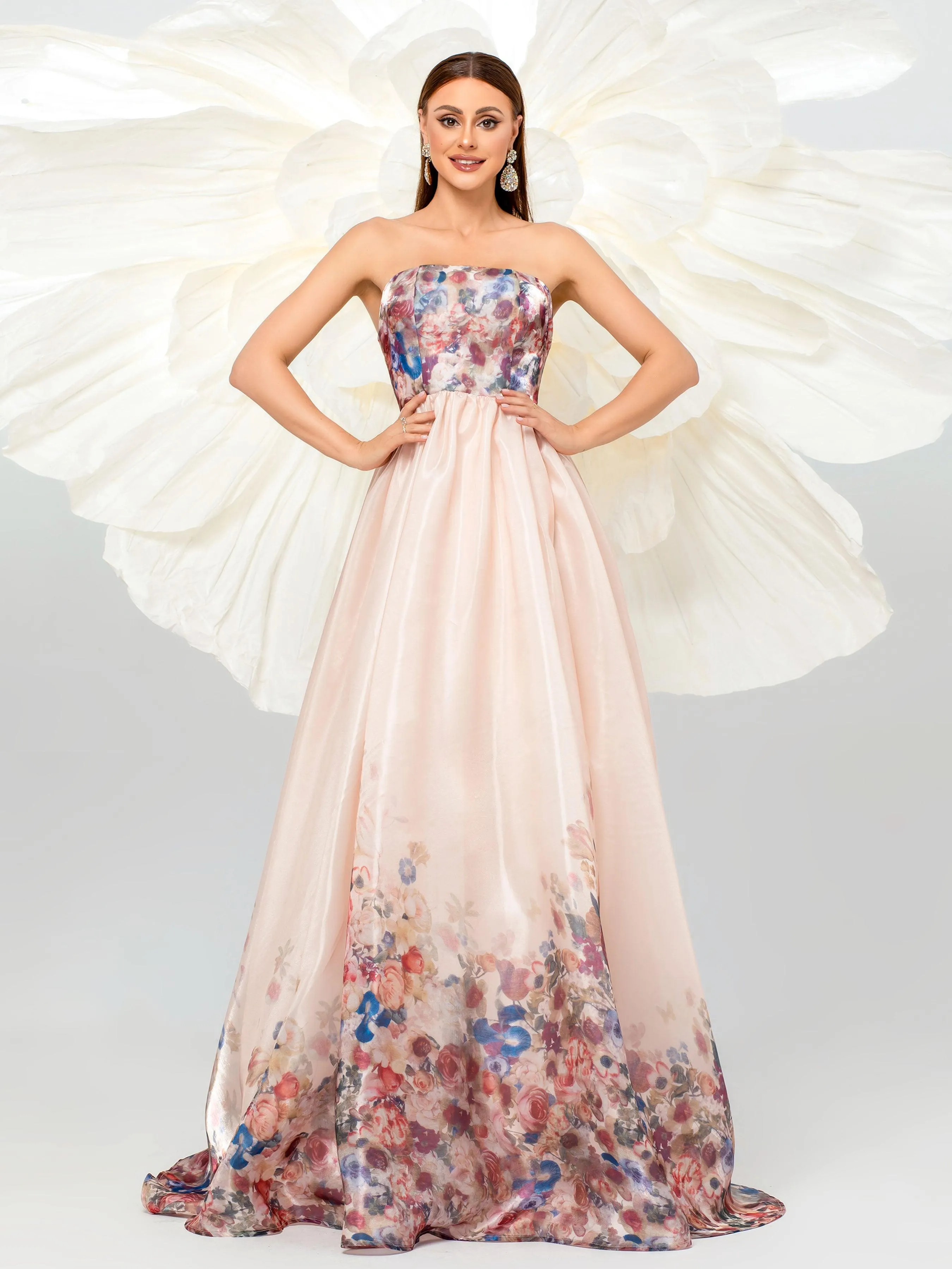 Strapless Floral Print A-line Gown Dress RJ11882
