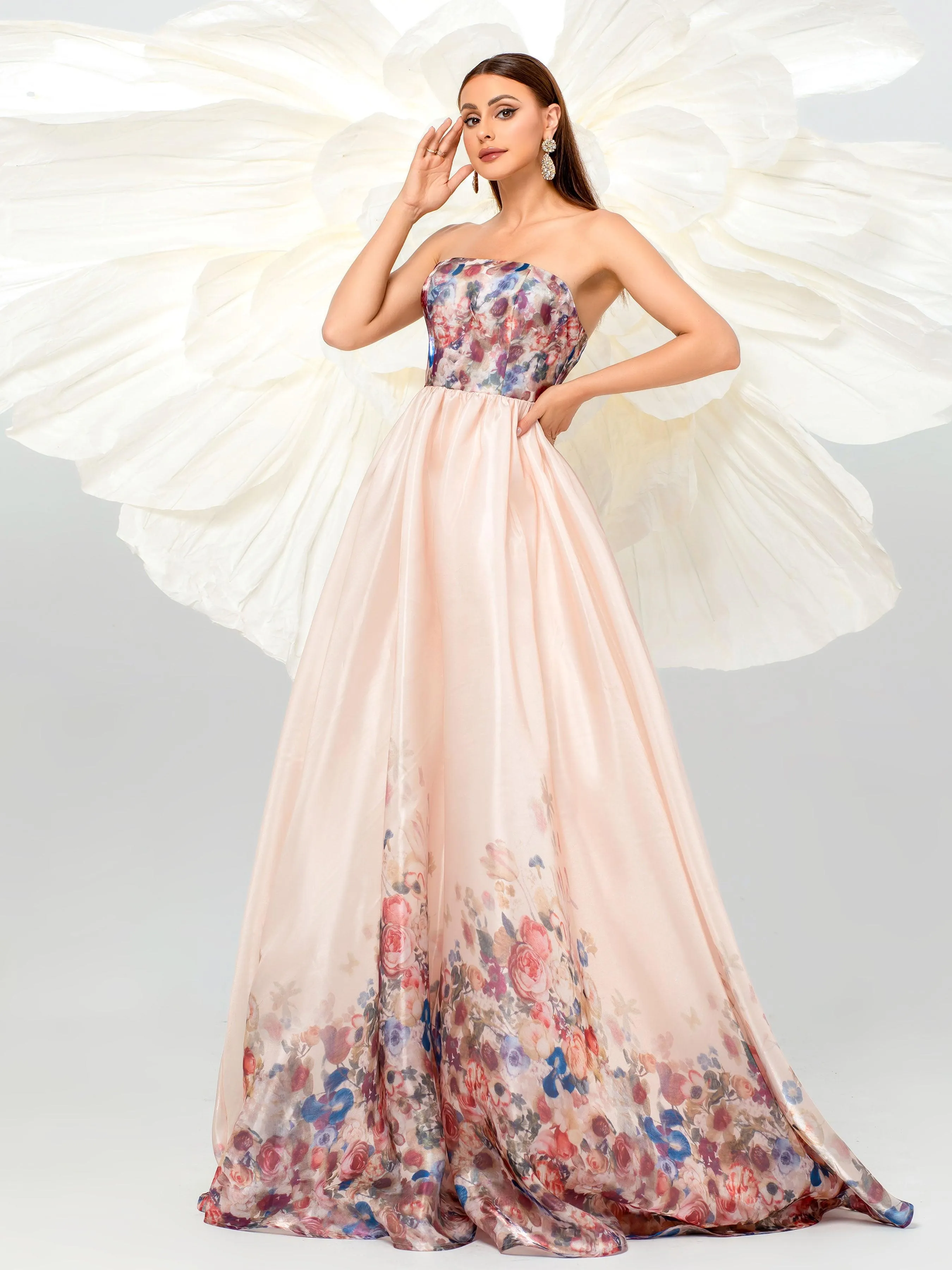 Strapless Floral Print A-line Gown Dress RJ11882