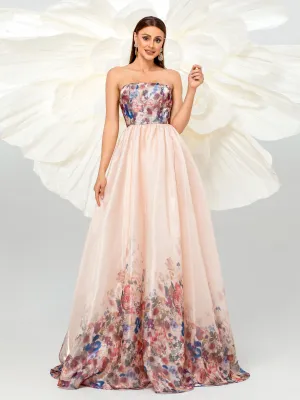 Strapless Floral Print A-line Gown Dress RJ11882