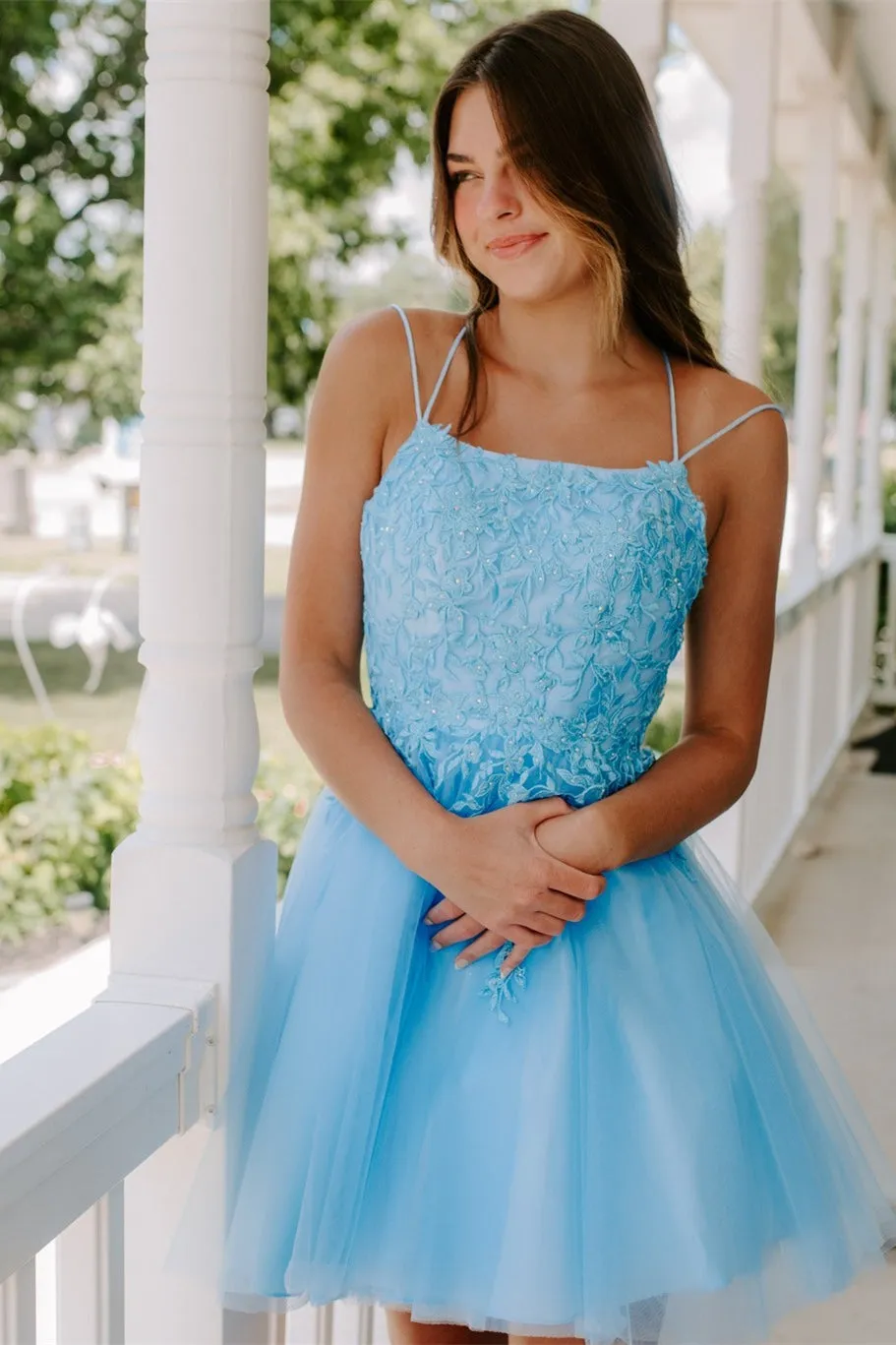 Straps Navy Blue Appliques A-line Short Homecoming Dress
