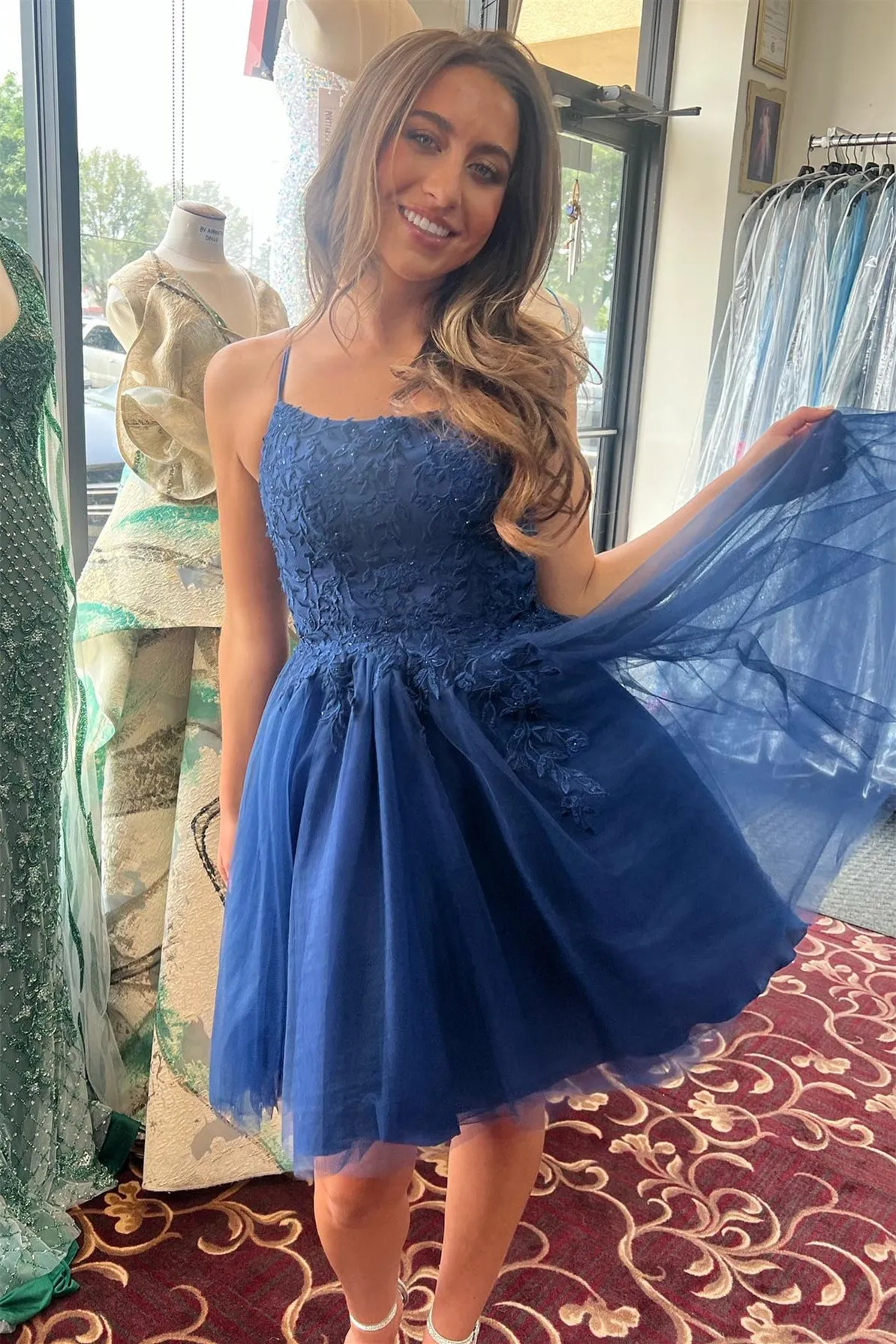 Straps Navy Blue Appliques A-line Short Homecoming Dress