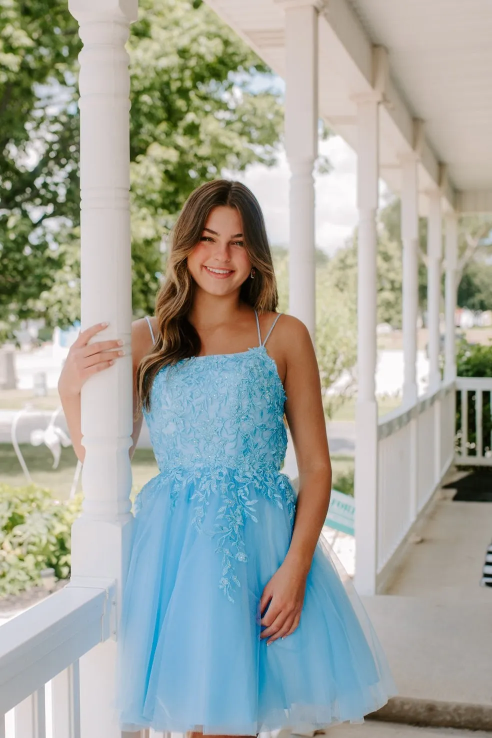 Straps Navy Blue Appliques A-line Short Homecoming Dress