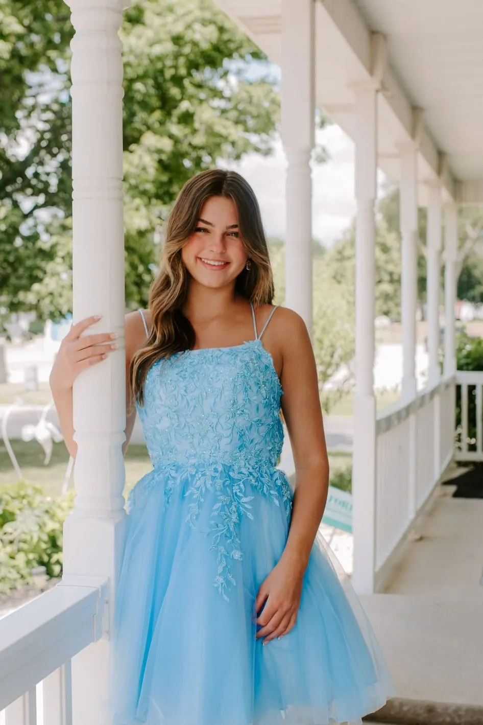 Straps Navy Blue Appliques A-line Short Homecoming Dress